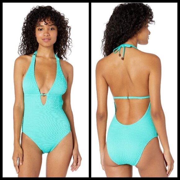 💕TRINA TURK💕 Cabana Plunge One Piece Swimsuit ~ Lagoon Blue 10 NWT - Picture 1 of 10
